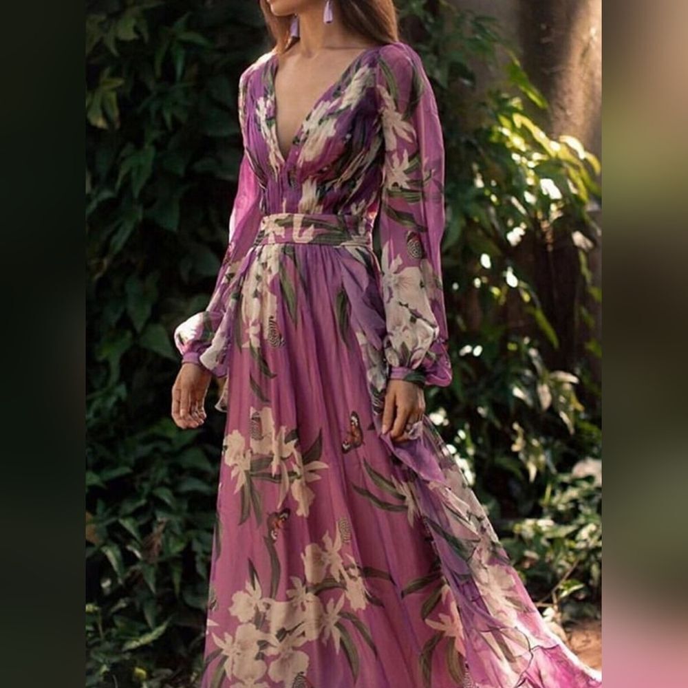 Floral Maxi Dress Purple Full Length Statement Designer Inspired Flowy Dress